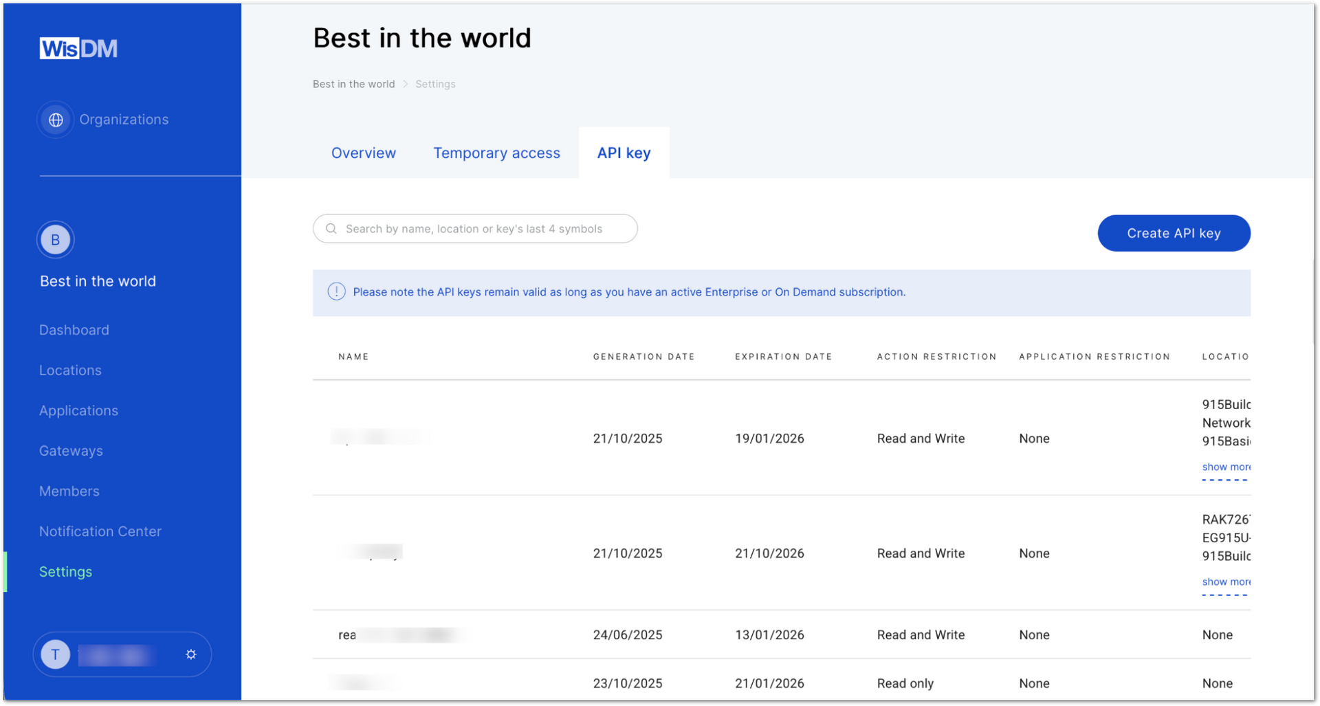 WisDM API Release and API Key Management