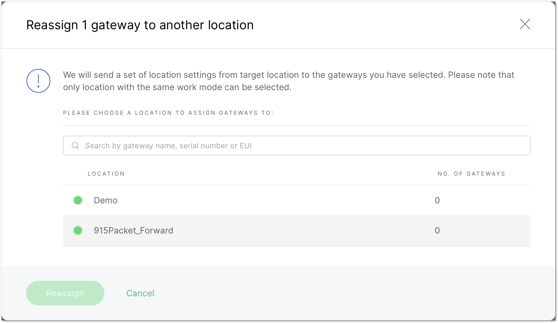 Gateway reassignment between locations
