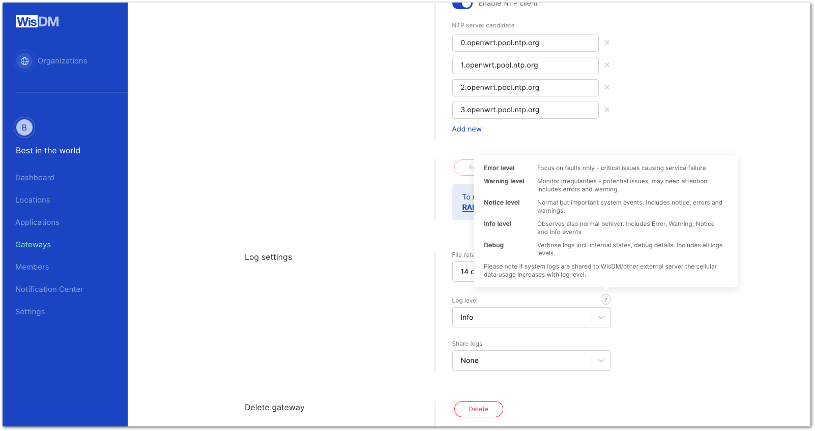Gateway log level configuration