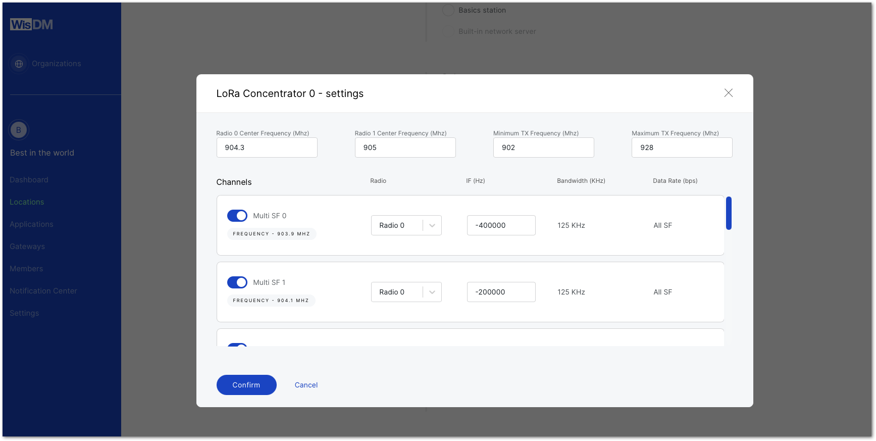 WisDM LoRa concentrator settings