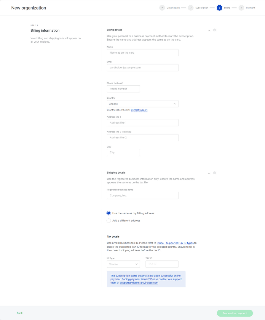 Company data and billing information