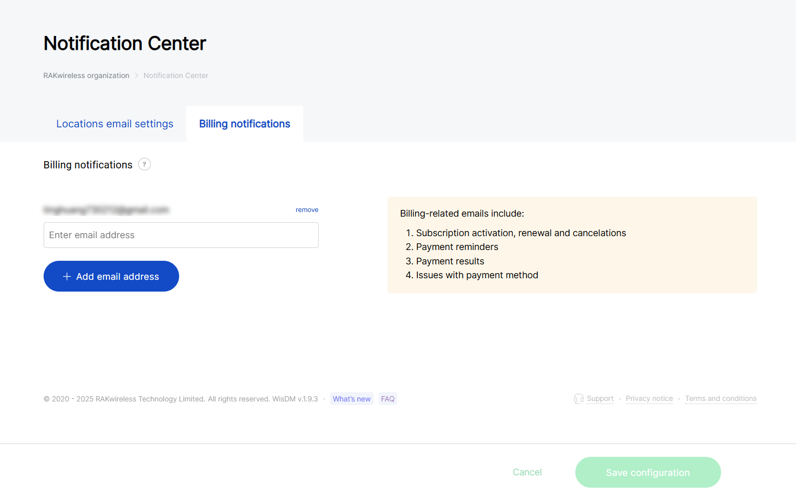 Billing notifications settings