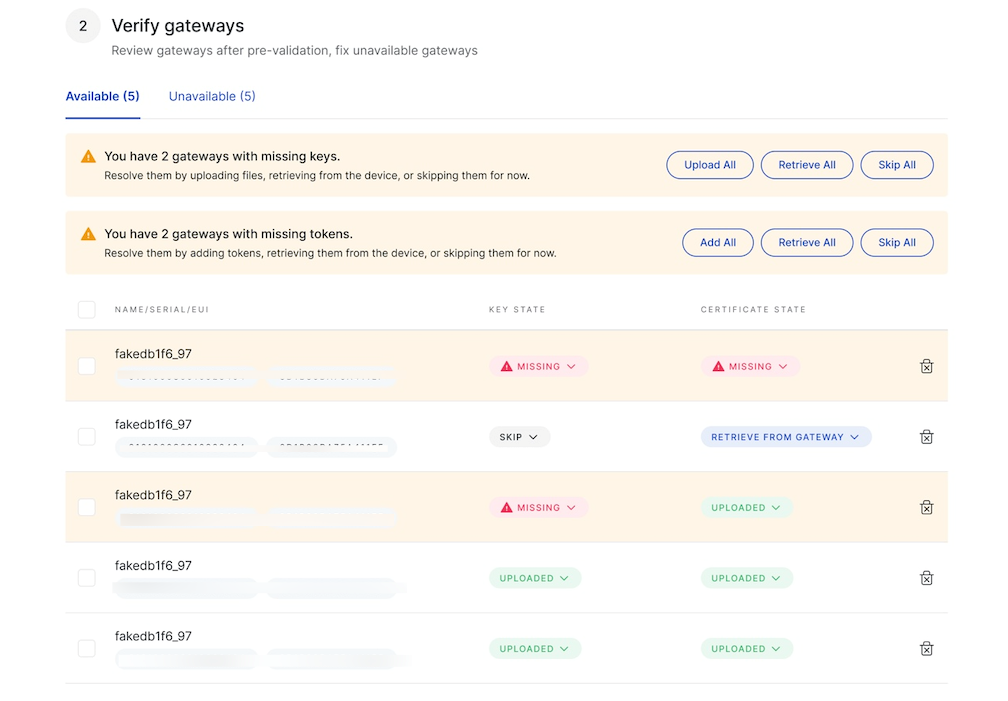 Gateway key and certificate status after CSV upload