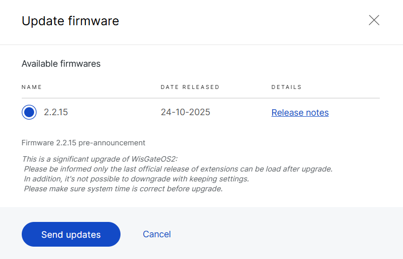 Choose firmware version for the gateway