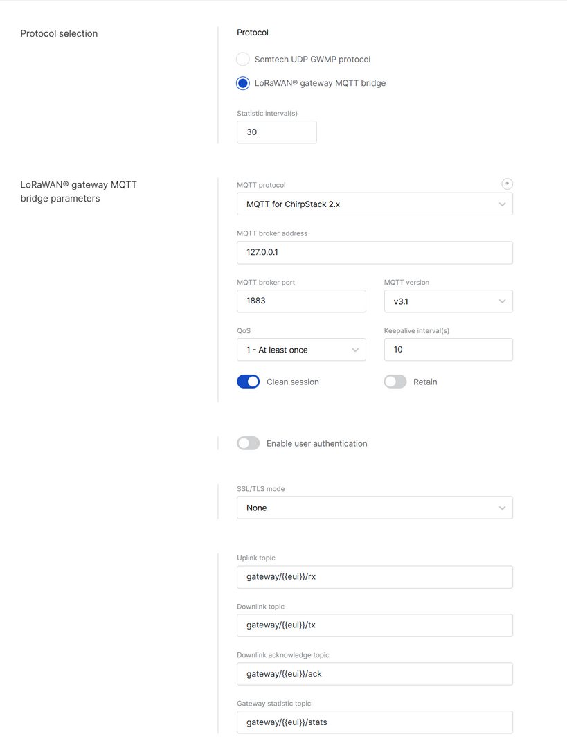 LoRa Gateway MQTT Bridge Parameters