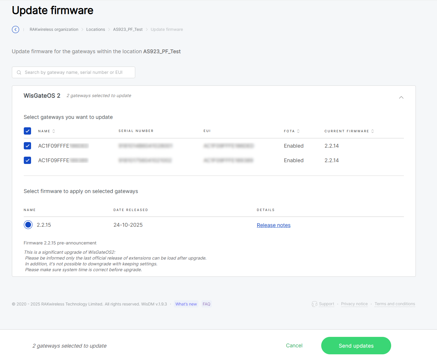 Select gateways and firmware version