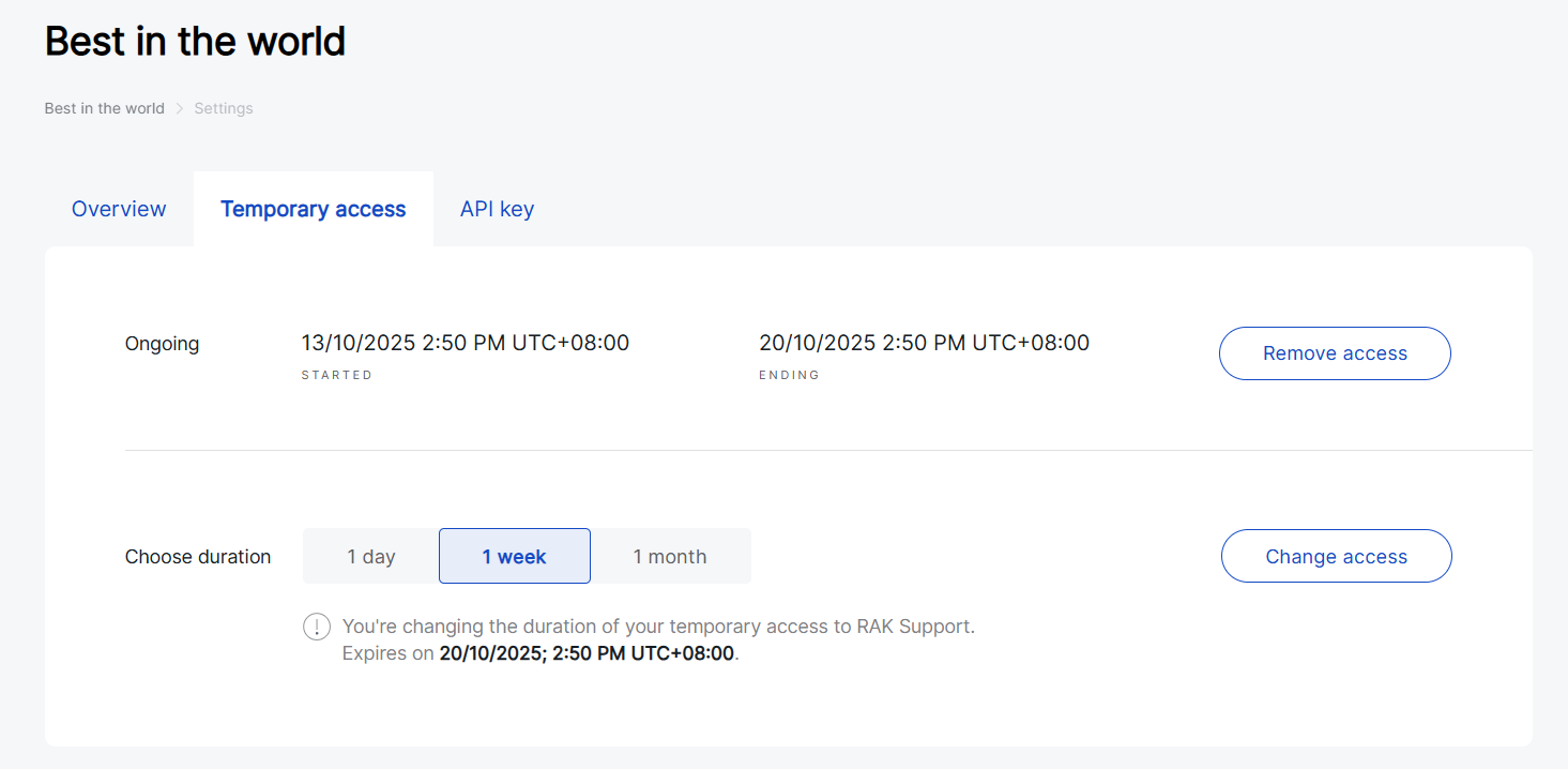Granting temporary access to RAK Support