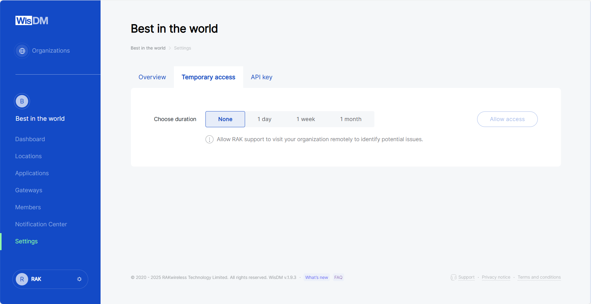 Temporary Access configuration interface