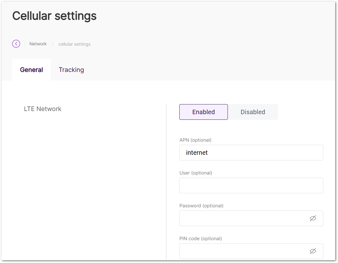 Cellular settings General tab