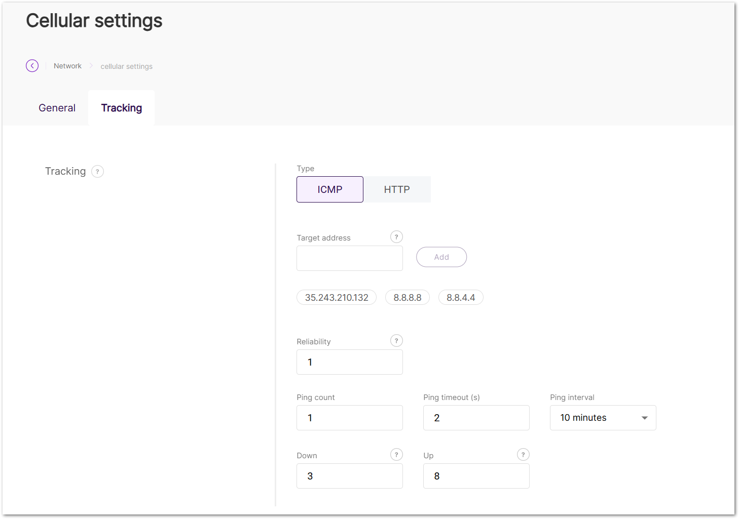 Cellular settings Tracking tab
