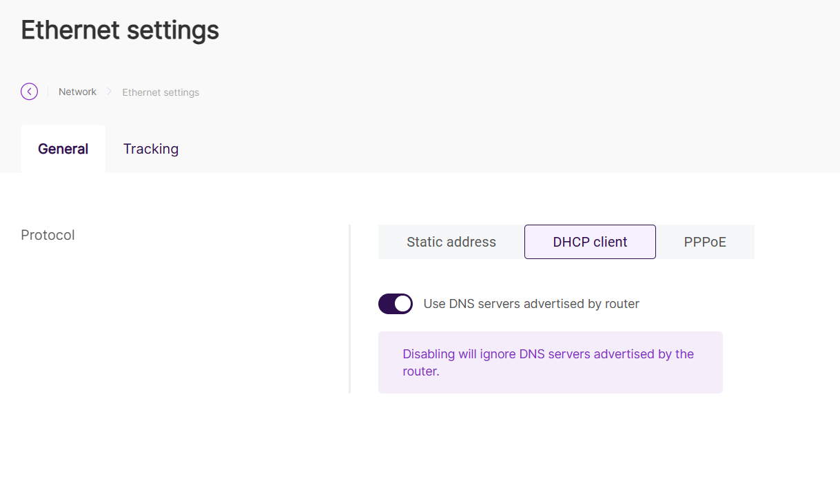 Ethernet settings General tab