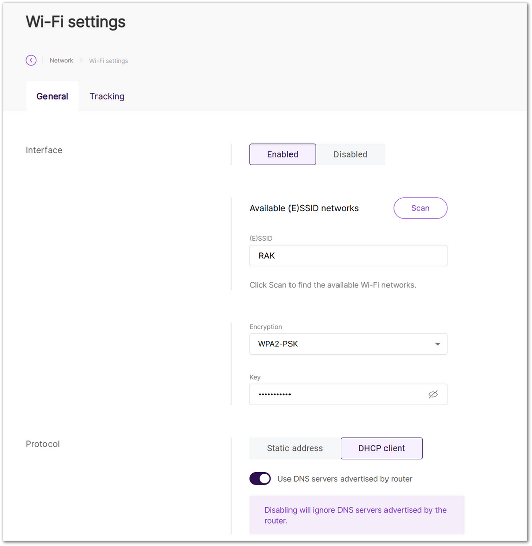 Wi-Fi settings General tab