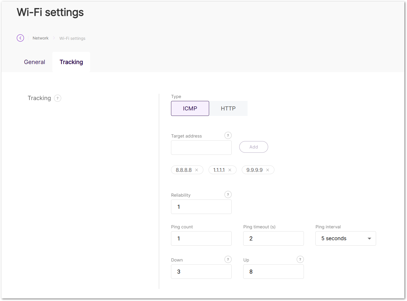 Wi-Fi settings Tracking tab