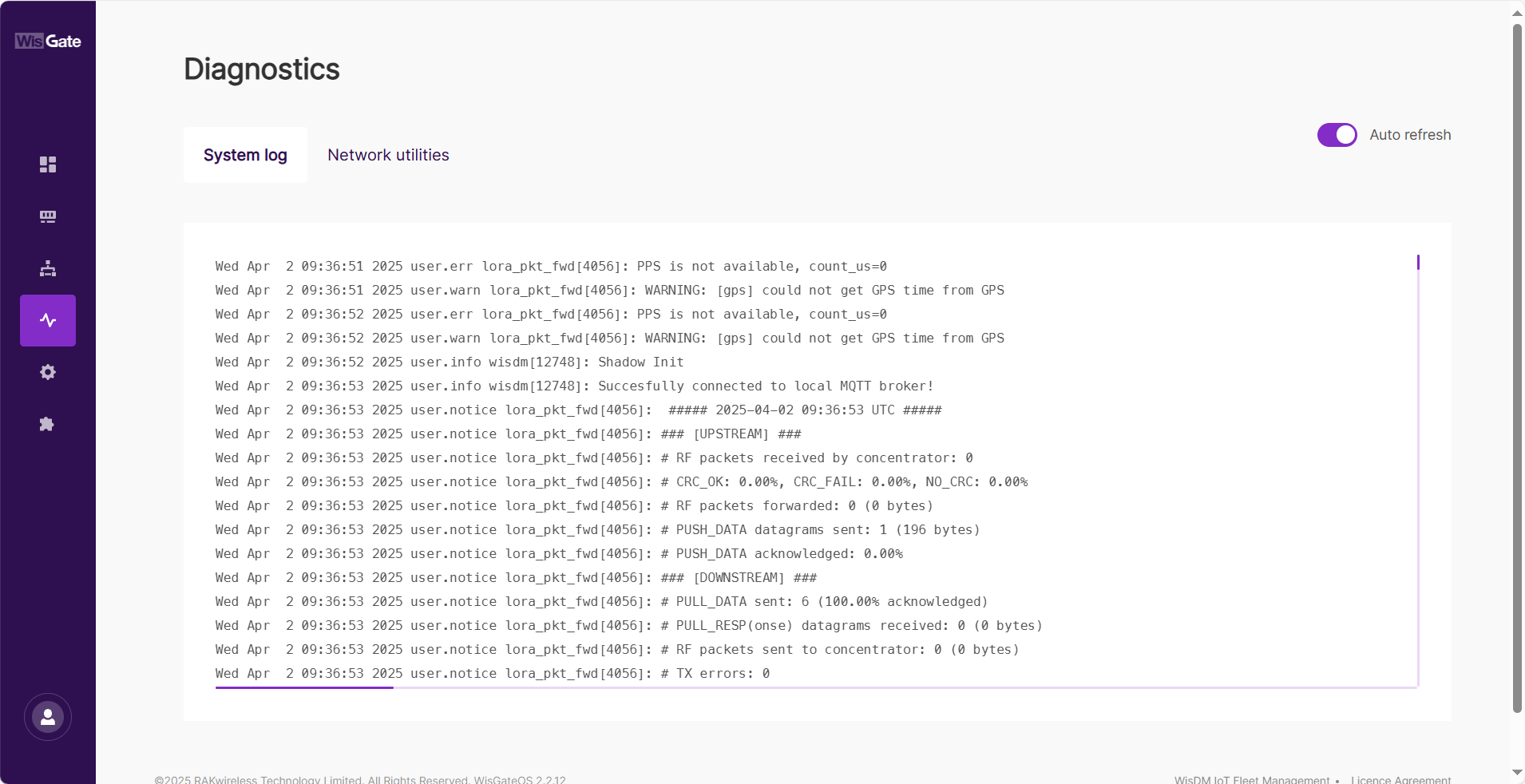 System log tab