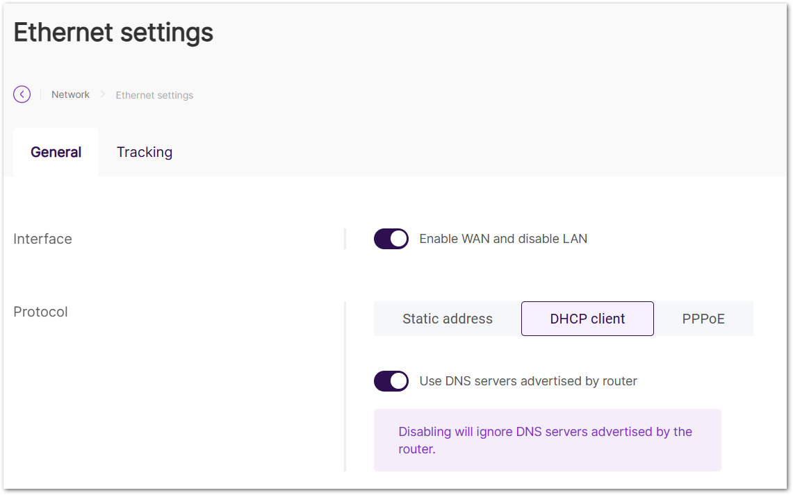 Ethernet settings General tab