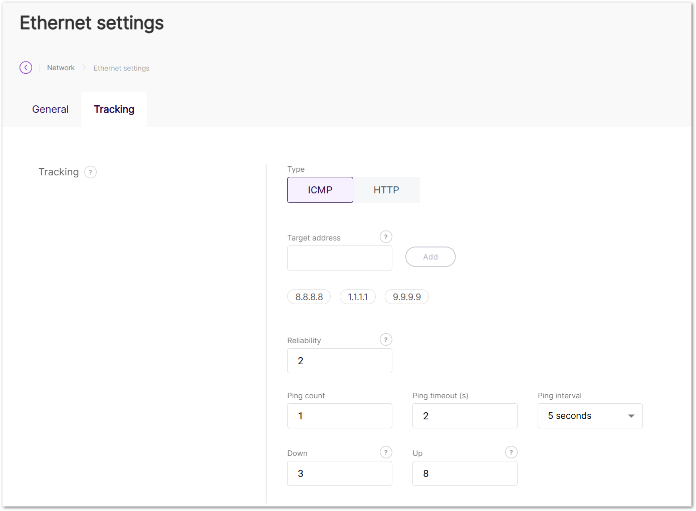 Ethernet settings Tracking tab