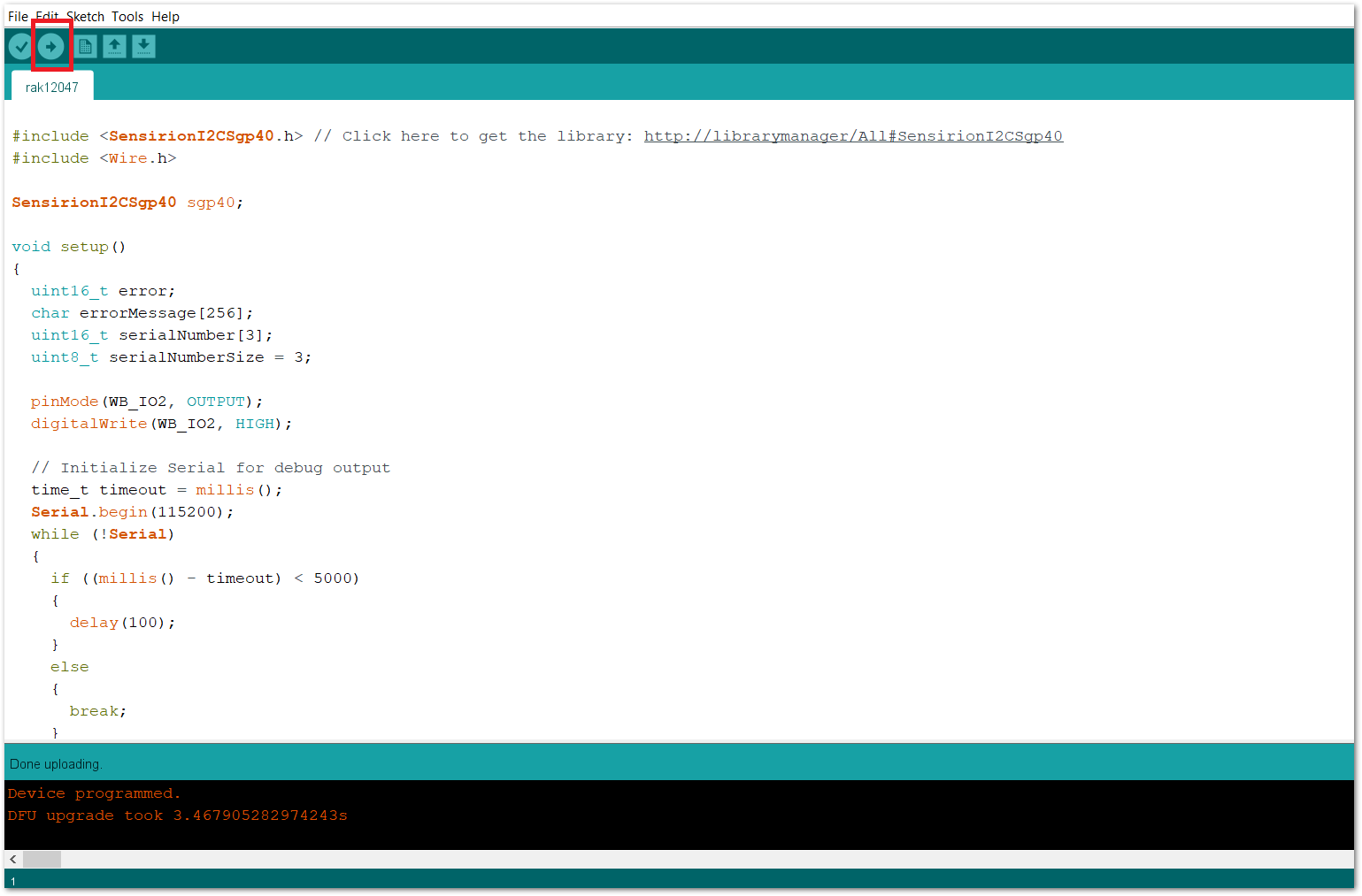 Uploading the RAK12047 example code