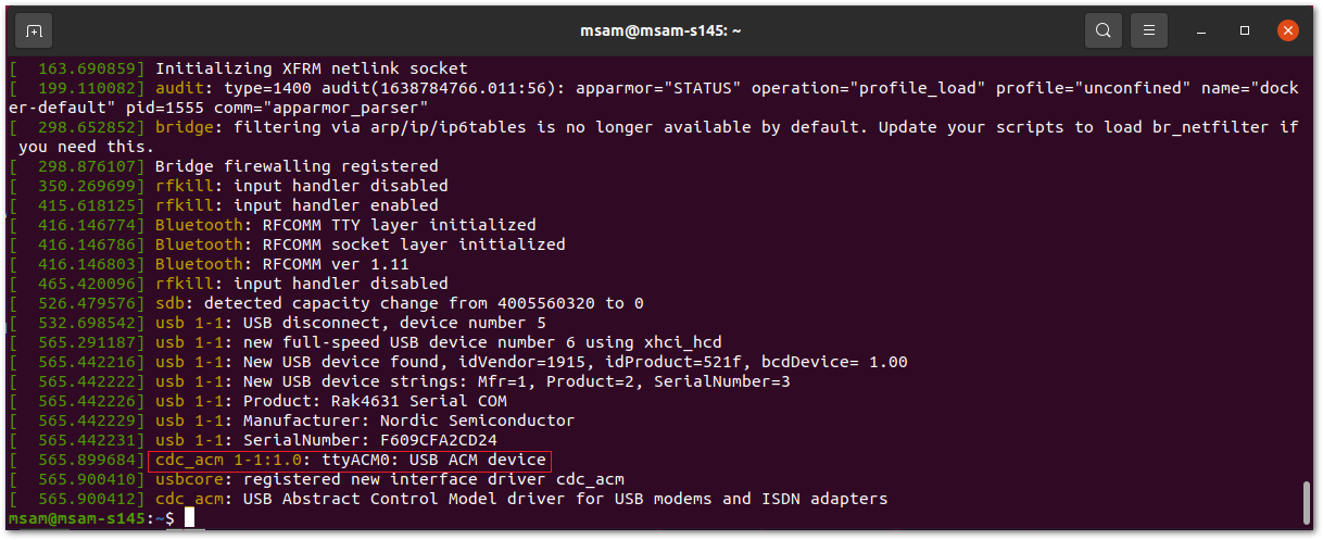 Checking USB CDC device using dmesg command