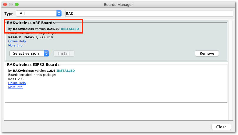 RAK4631 BSP(Board Support Package) in Arduino IDE Board Manager