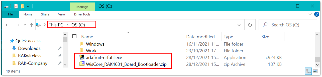Adafruit-nrfutil and RAK4631 Bootloader file in C: drive