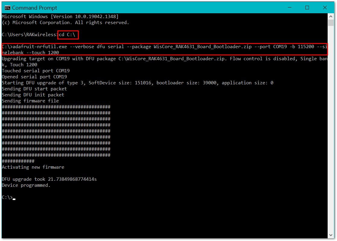 RAK4631 Bootloader Updated Successfully