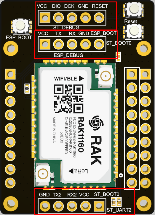 RAK11161 module pinout diagram flashing and debug headers