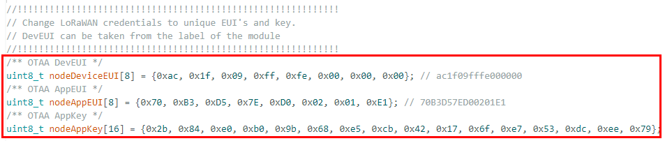 Update the OTAA, DevEUI, and AppKey