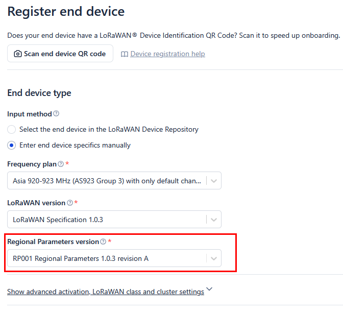 OTAA LoRaWAN Regional Parameters version setup