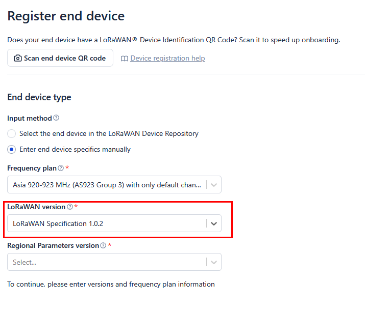OTAA LoRaWAN version setup