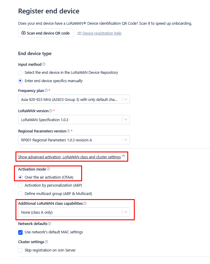 OTAA LoRaWAN class and cluster settings