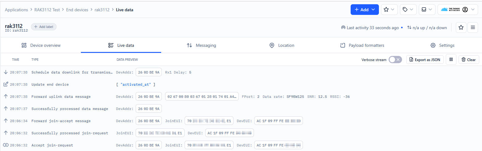 OTAA live data on TTN