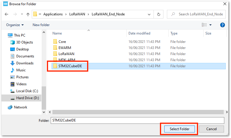 Select the STM32CubeIDE Project Folder