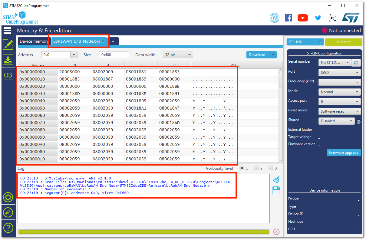 Loaded .bin Firmware File to the STM32CubeProgrammer