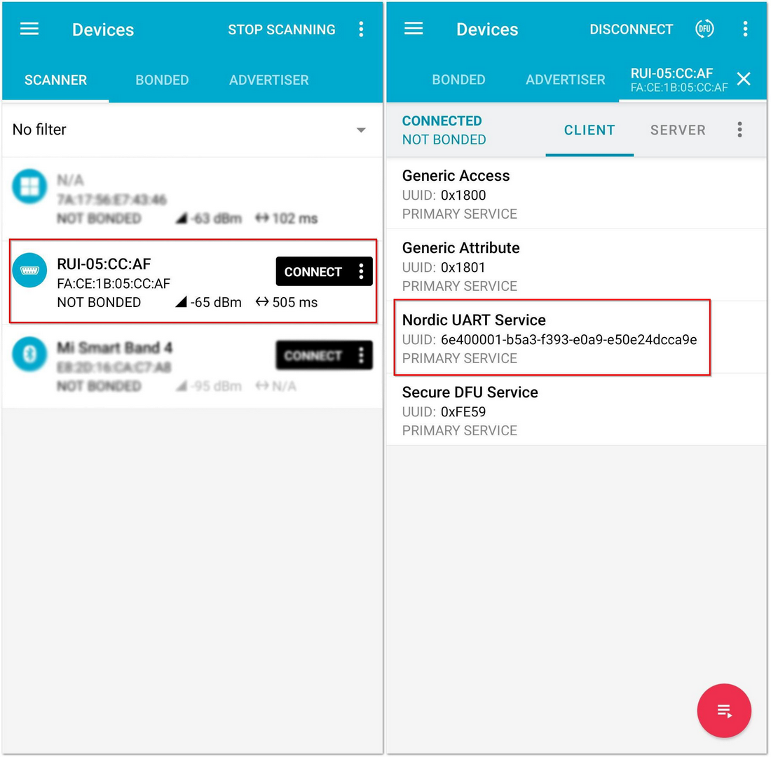 Nordic UART Service in the Nordic App