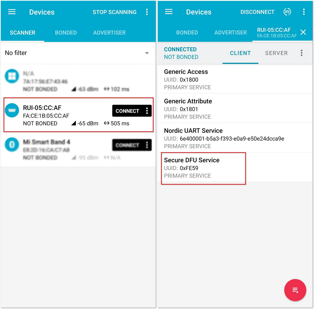 Secure DFU Service in the Nordic App