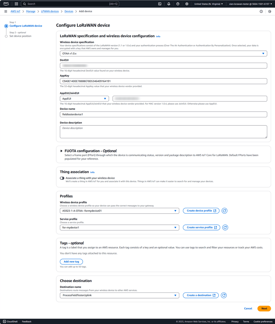AWS Configure LoRaWAN Device