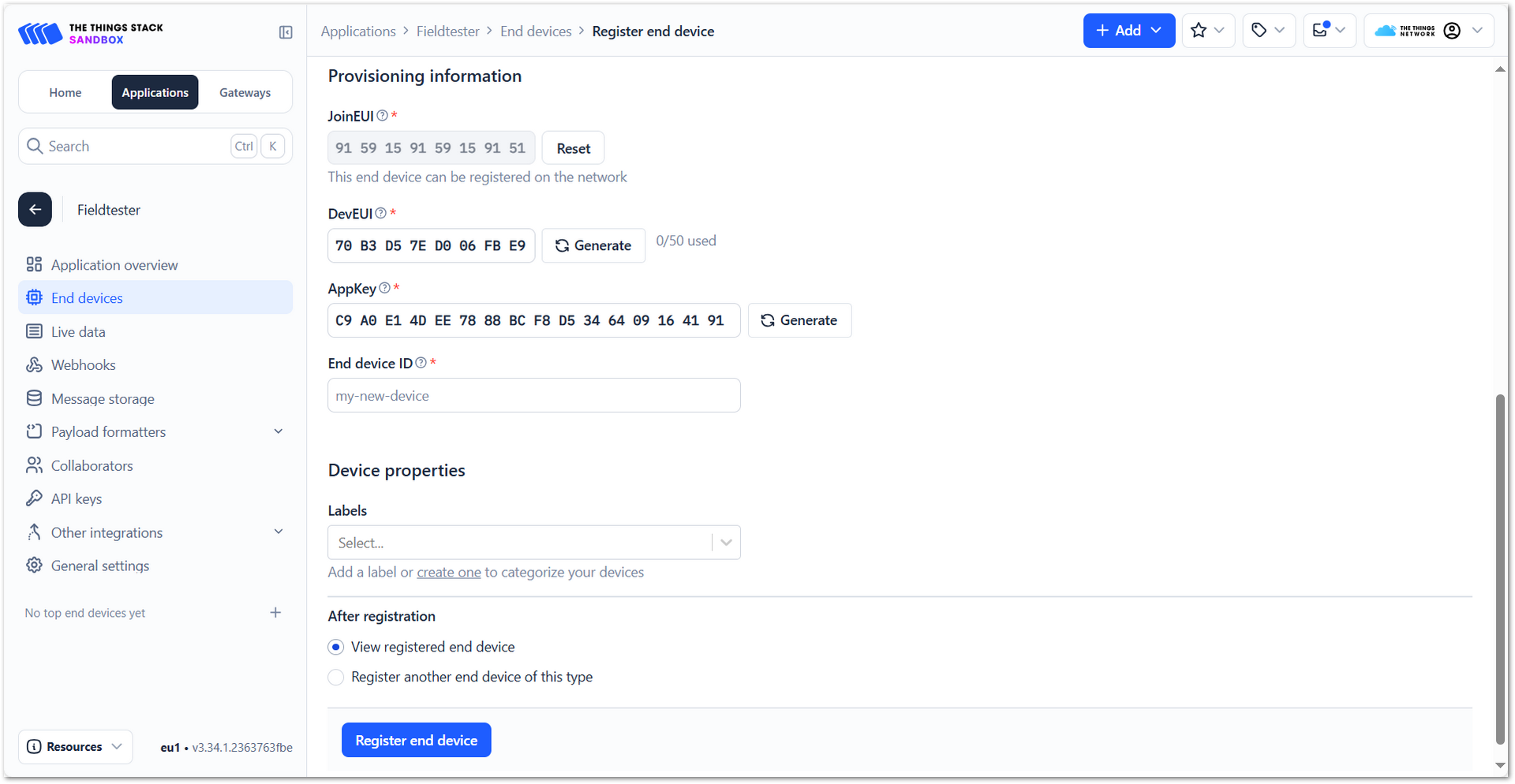 The Things Network DevEUI and AppKey