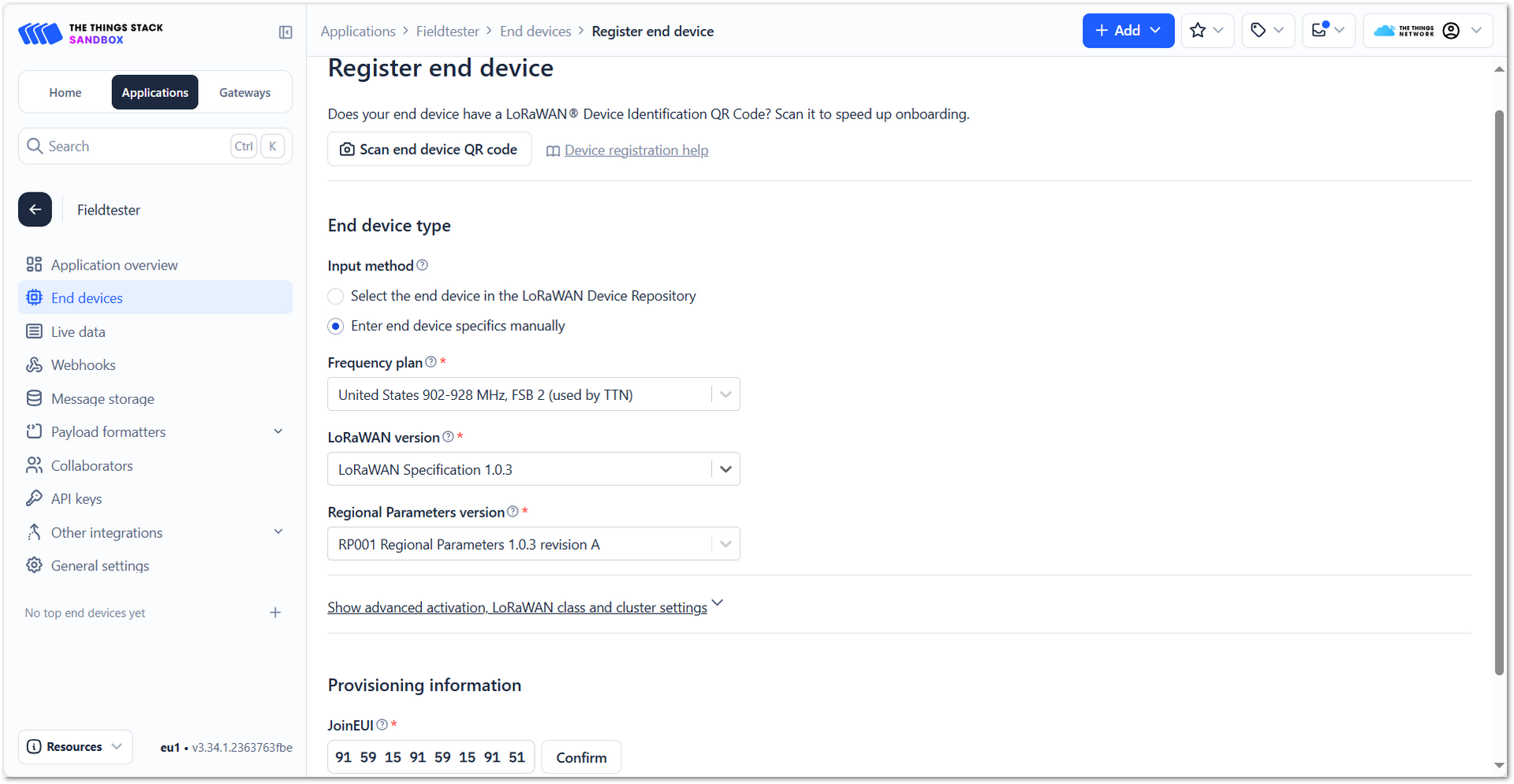 The Things Network JoinEUI and Parameters