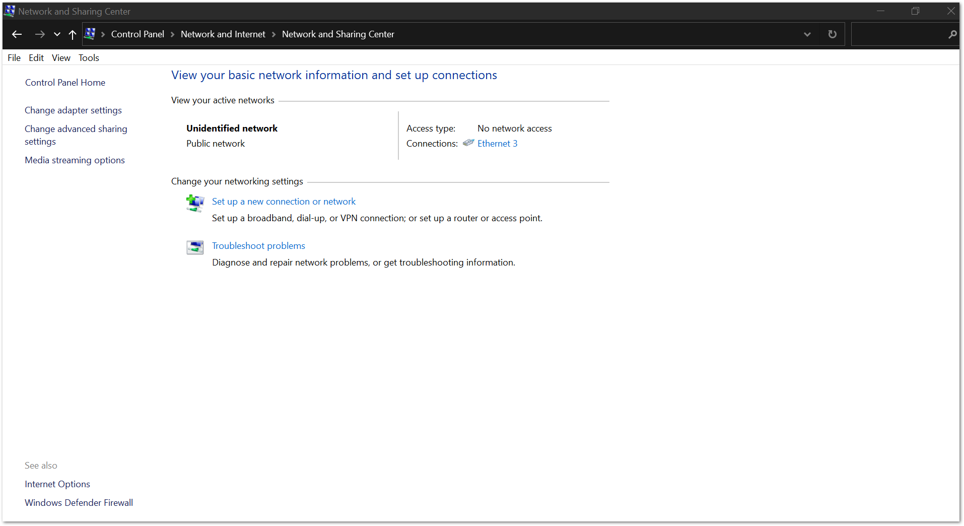 Network and sharing center
