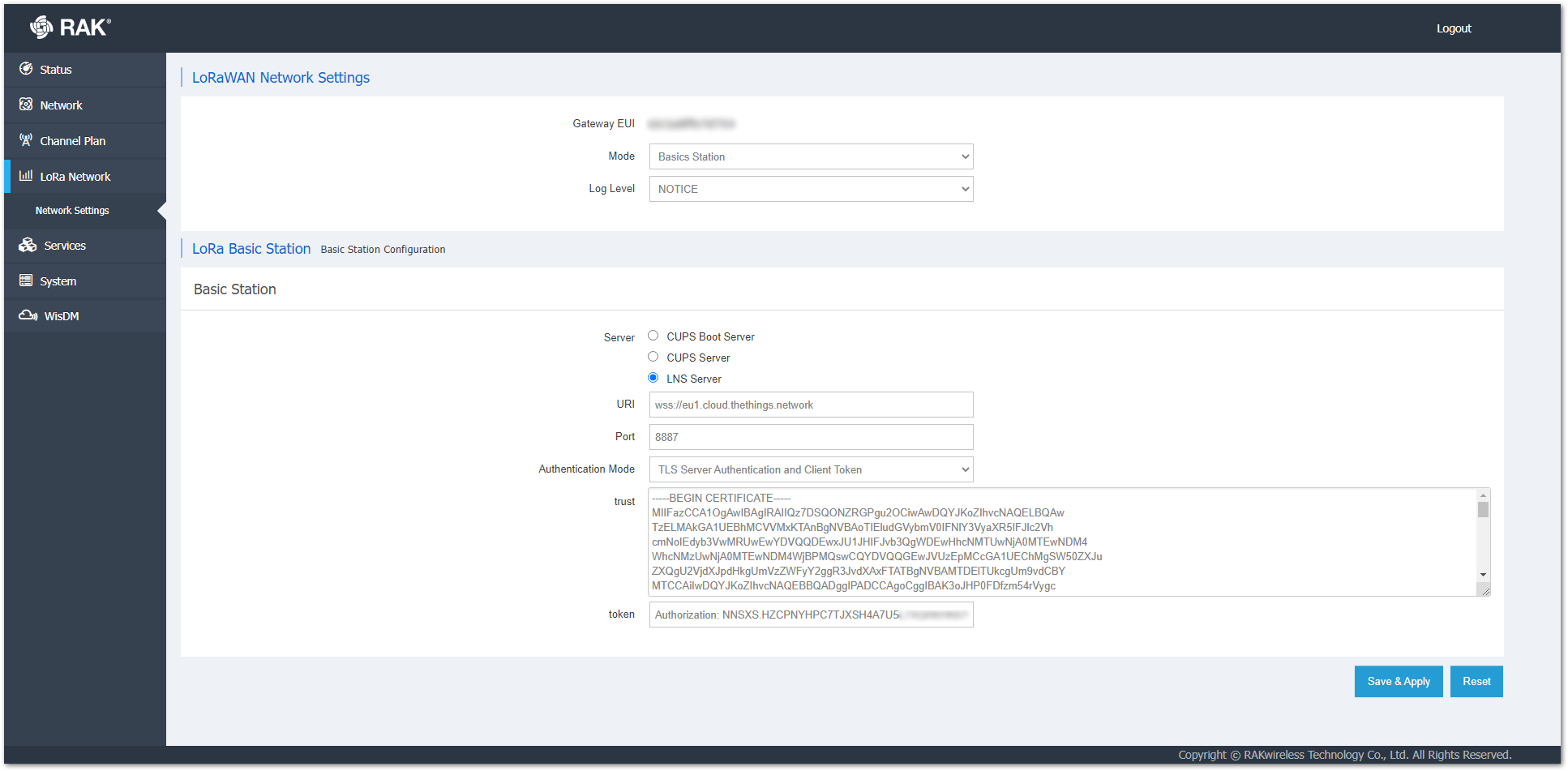 LoRa Basics Station settings