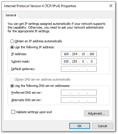 Setting IP address of the PC