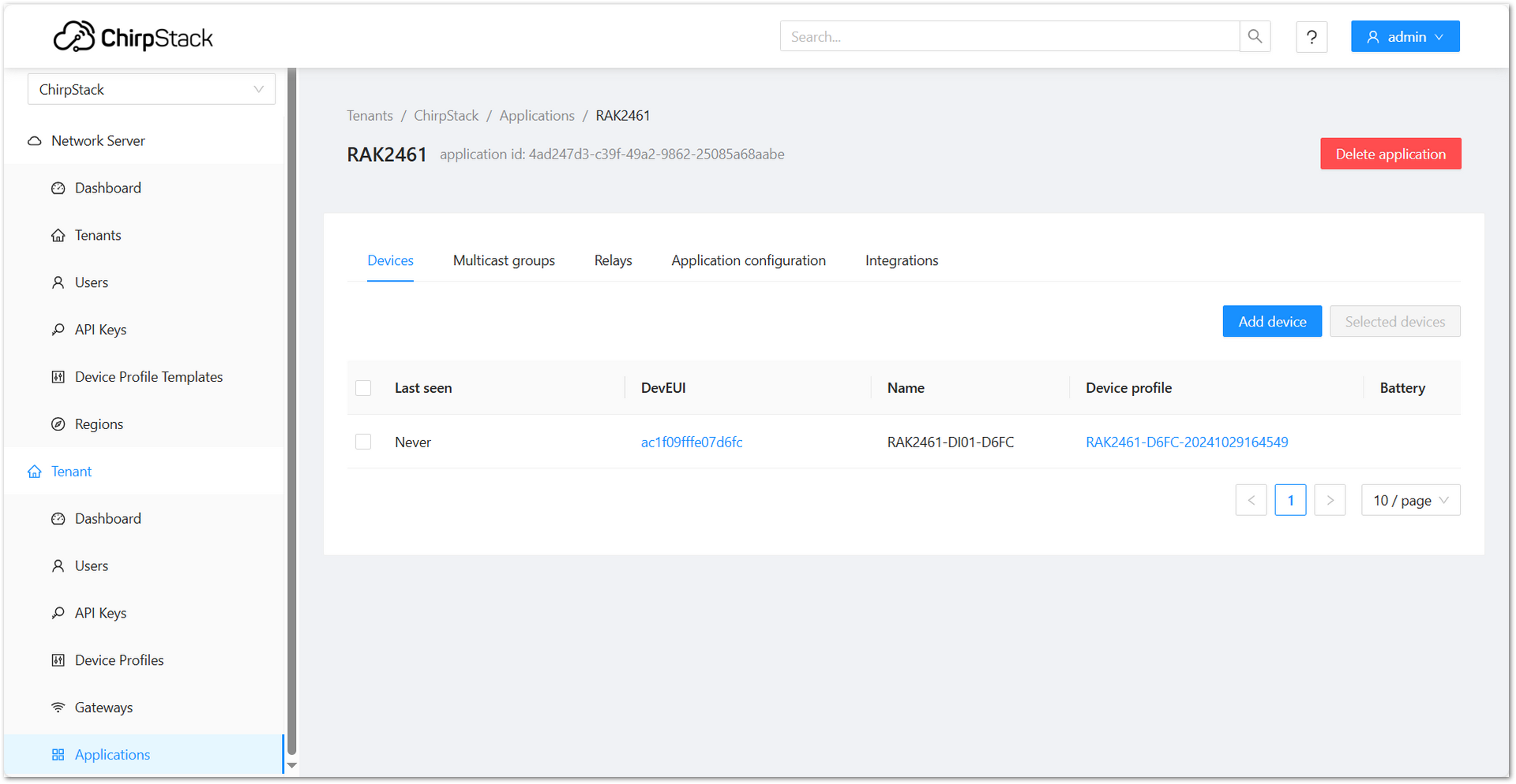 Added device in the ChirpStack