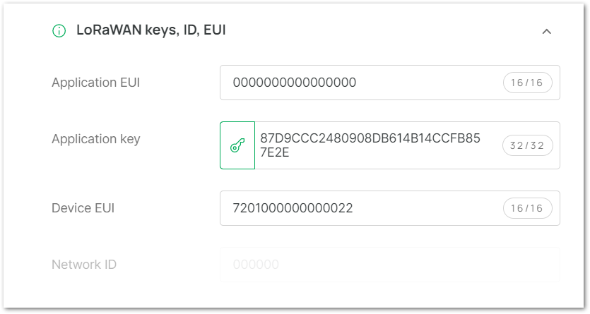 LoRaWAN keys, ID, and EUI