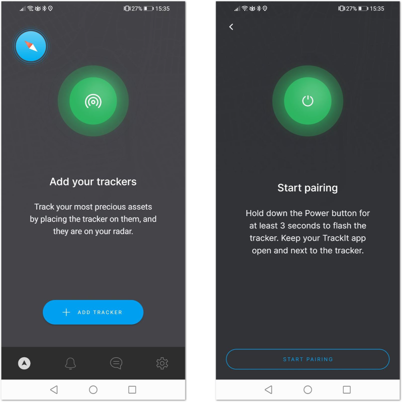 Add tracker and Start Pairing screen