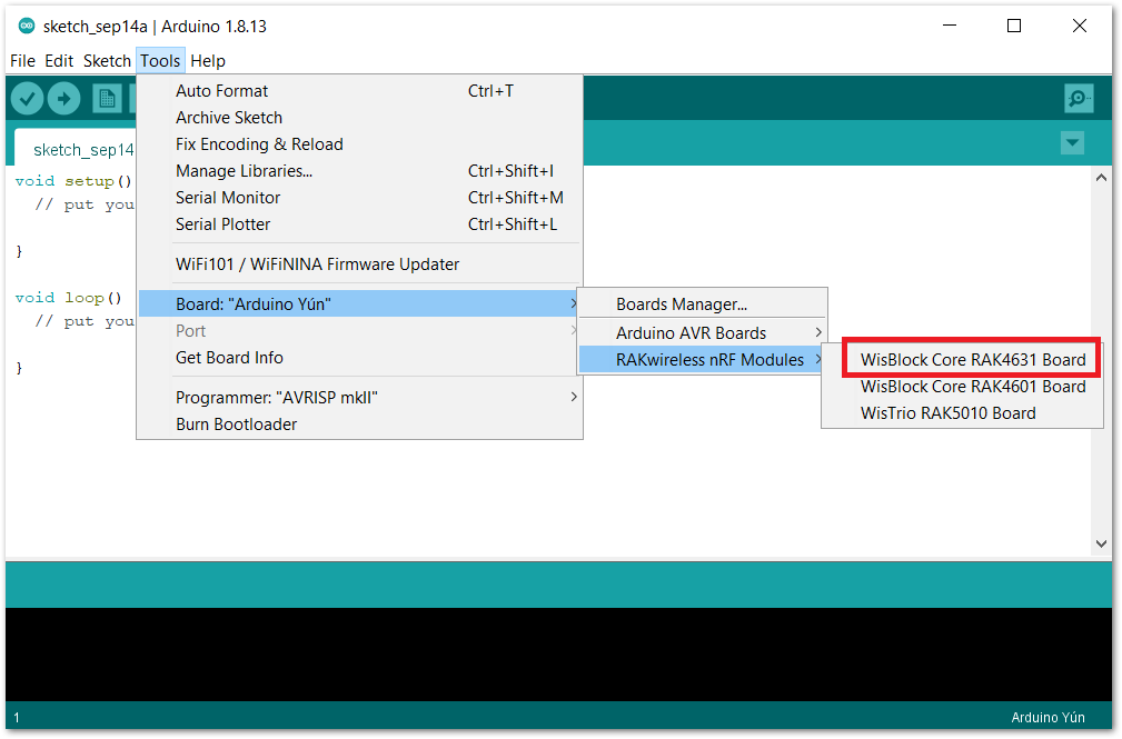 Selecting RAK4631 WisBlock Core of RAK10715